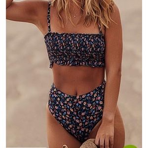 Roselypink blue floral print high-waist bikini set